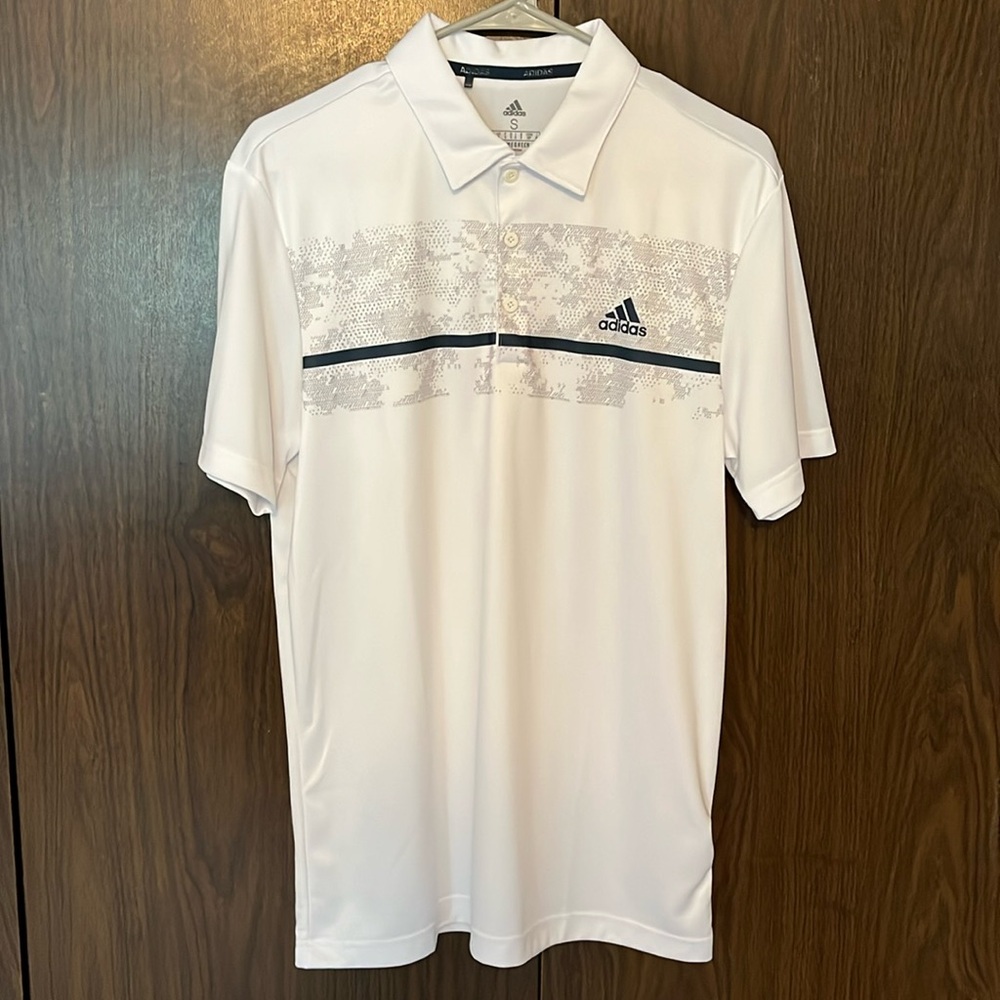 Mens Adidas golf polo, small, white and blue